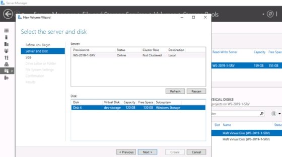 Screenshot of the New Volume Wizard prompting the user to select the server and disk for the new volume.