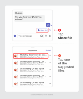 Screenshot of Microsoft Teams' new AI-supported feature that brings suggested files into the chat box, reducing clicks to add and browse.