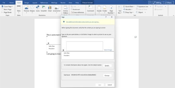 Microsoft Office Signature Setup pop-up window screenshot