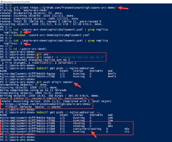 A screenshot of the Flux agent replicating changes from the GitHub repo into the local Kubernetes cluster.