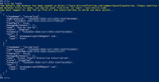 A screenshot of Azure subscription information, shown in the CLI
