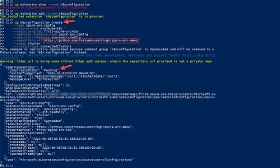 A screenshot of the above code snippet being run, highlighting the local configuration command and the GitHub repository.