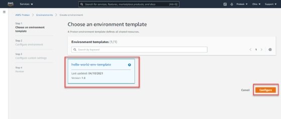 Screenshot of the environment selection options, with the 'hello-world-env-template' selected.