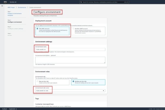Screenshot of the 'Configure environment' screen, with the indicated deployment account, Environment settings and Environment roles highlighted.