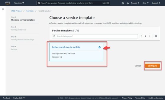 Screenshot of 'Create service' screen with the created Service template 'hello-world-svc-template,' version 1.0 highlighted.
