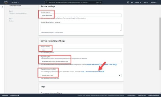 Screenshot displaying Service settings and Service repository settings, with Step 19's information highlighted; the listed Repository connection is github-aws-conn.