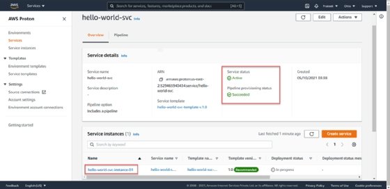 Screenshot of the hello-world-svc service overview screen, with status values highlighted.