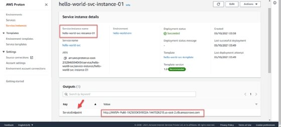 Screenshot of hello-world-svc-instance-01 focused on the 'Service instance details' box, with 'Service instance name' highlighted, and the 'Value' input under the 'Outputs' section.