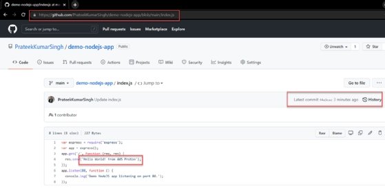 Screenshot of the GitHub repository with the URL, latest commit history and edited line of code highlighted.