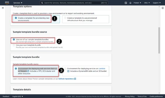 Screenshot of the Template options section with highlights calling out steps 3 and 4. 