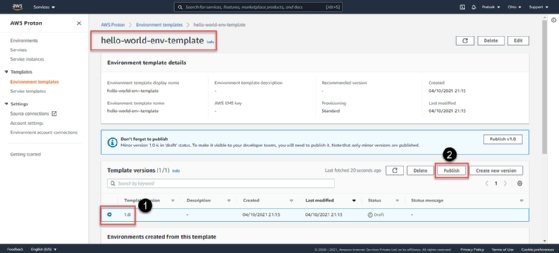 Screenshot of the created template with callouts on the name, version number and Publish button.