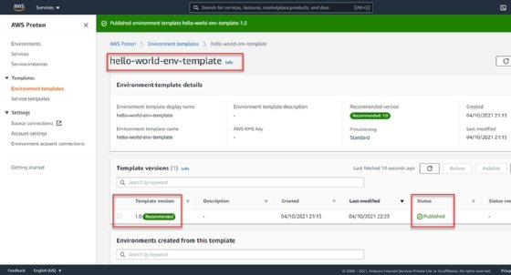 Screenshot of updated template profile with the version 1.0 highlighted with its status of Published.