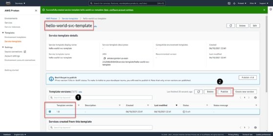 Screenshot of the created Service template with the name, Template version number and 'Publish' buttons in callout boxes.