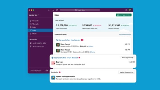 Screenshot of Sales Cloud integration with Slack shows customer insights and account notifications.