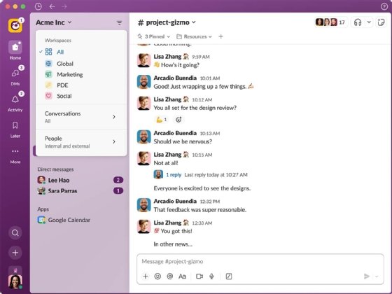 Screenshot shows the new workspaces view for Enterprise Grid customers, which lets users see all activity across multiple departments in one panel.