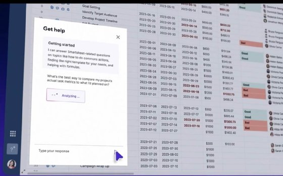 The new generative AI-supported self-service virtual assistant from Smartsheet quickly answers platform-related questions. 