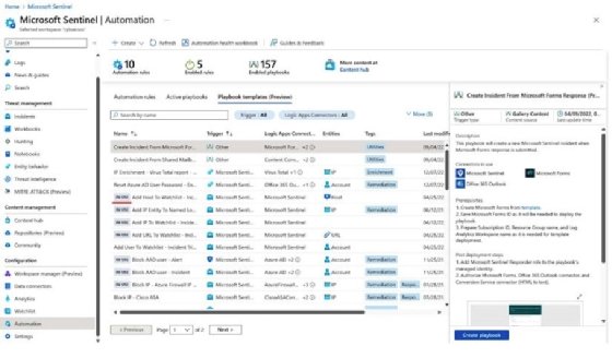 Screenshot of available Microsoft Sentinel playbook templates