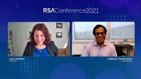 SolarWinds CEO Sudhakar Ramakrishna and Forrester vice president Laura Koetzle at RSAC 2021