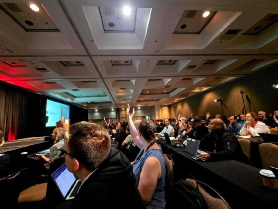 Attendees seated during a plenary session at SREcon.