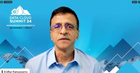 Sridhar Ramaswamy, CEO of Snowflake, speaks during a virtual press conference.