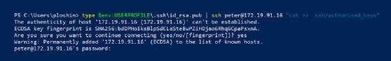 Screenshot of copying a public key to a Linux server using PowerShell