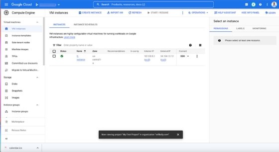 Screenshot of the VM Instances tab in the Google Cloud console