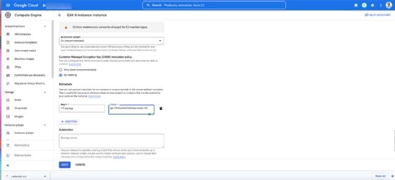 Enter the name and URL of your startup script in the key 1 and value 1 field