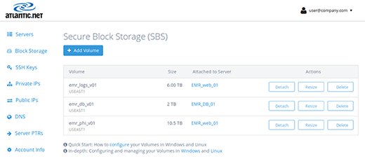 Atlantic.Net Secure Block Storage management console