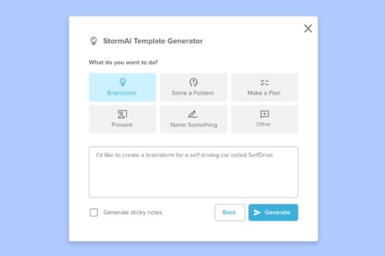 Screenshot of the StormAI template generator UI.