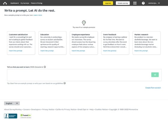 Screenshot of SurveyMonkey Build with AI's custom survey generation feature.