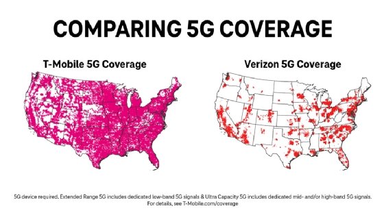 Maps showing coverage of T-Mobile's Ultra Capacity 5G compared with Verizon coverage.