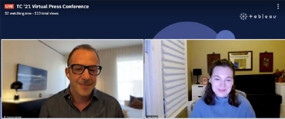 Tableau chief product officer Francois Ajenstat (left) speaks with Kate Wright, senior vice president of product development.
