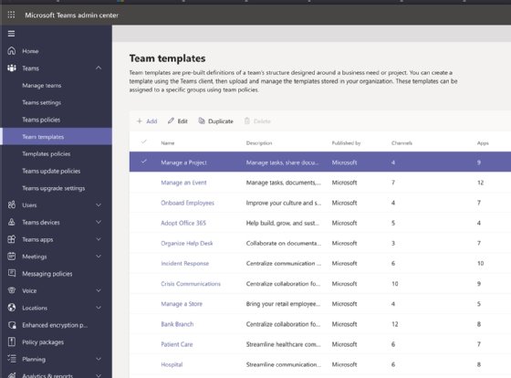 Teams templates options