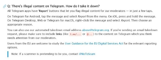 Telegram updates to its FAQ entry for reporting illegal activity.