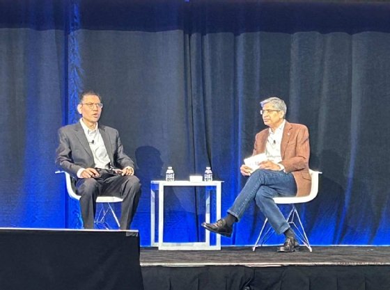 Jikin Shah, global CTO and head of City National Bank technology at the Royal Bank of Canada, left, speaks at IBM Think 2024.