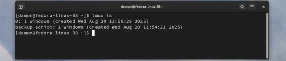 Screenshot of the user listing existing tmux sessions.