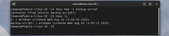 Screenshot of starting, detaching from and listing tmux sessions.
