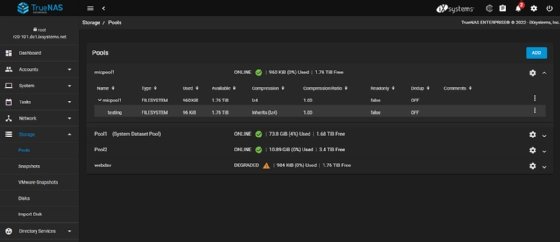 TrueNAS 13.0 dashboard showing storage pools