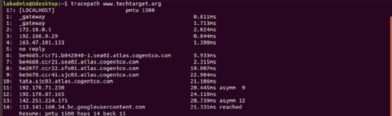 Tracepath command in a terminal window