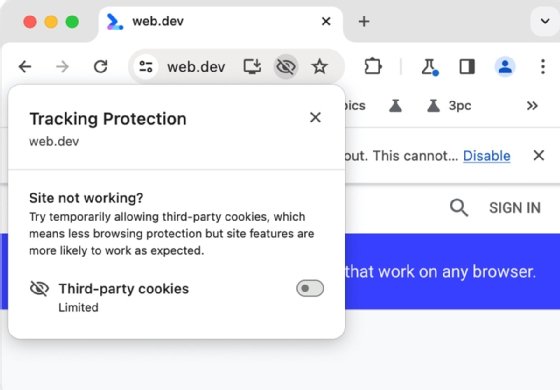 Google Chrome Tracking Protection dialog box showing option to temporarily allow use of third-party cookies.