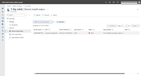 A screenshot of Intune's failed installation of a Windows app.