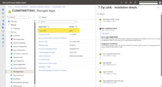 A screenshot of the installation details that Intune provides for a failed application install.