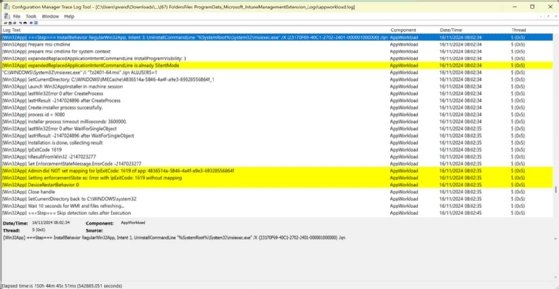 A screenshot of the CMTrace tool, which makes log files easier to digest for administrators.