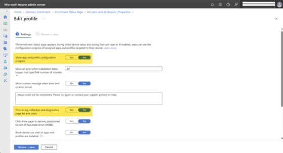 A screenshot with certain settings highlighted within the Microsoft Intune admin center's profile editing page. 