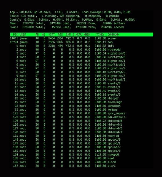 The Linux top command output