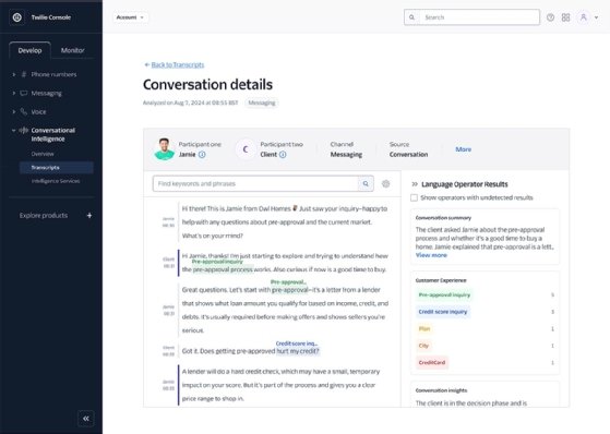 Screenshot of Twilio Conversational Intelligence showing a transcript.