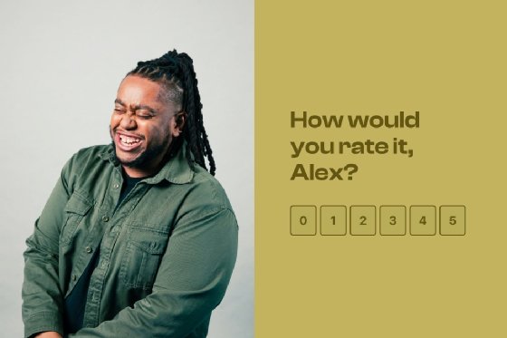 Screenshot of one question in a survey created using Typeform, which asks a user named Alex to rate the experience, offering numbers between 0 and 5.