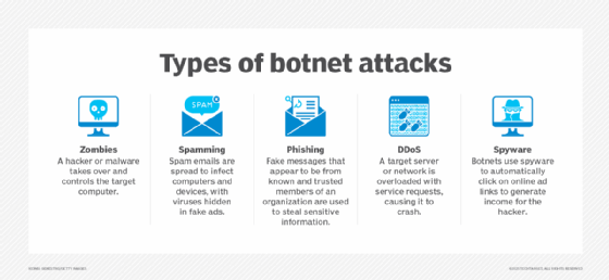 A diagram describing different types of botnet attacks.
