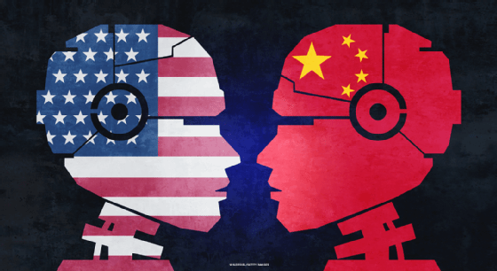 U.S.-China AI competition represented by illustrated androids.