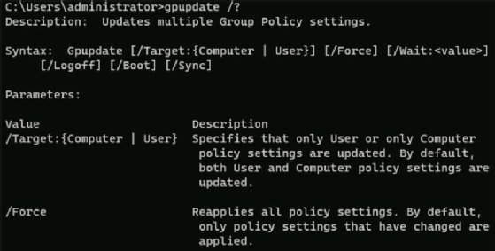 The Group Policy output showing commands that an admin is allowed to use.